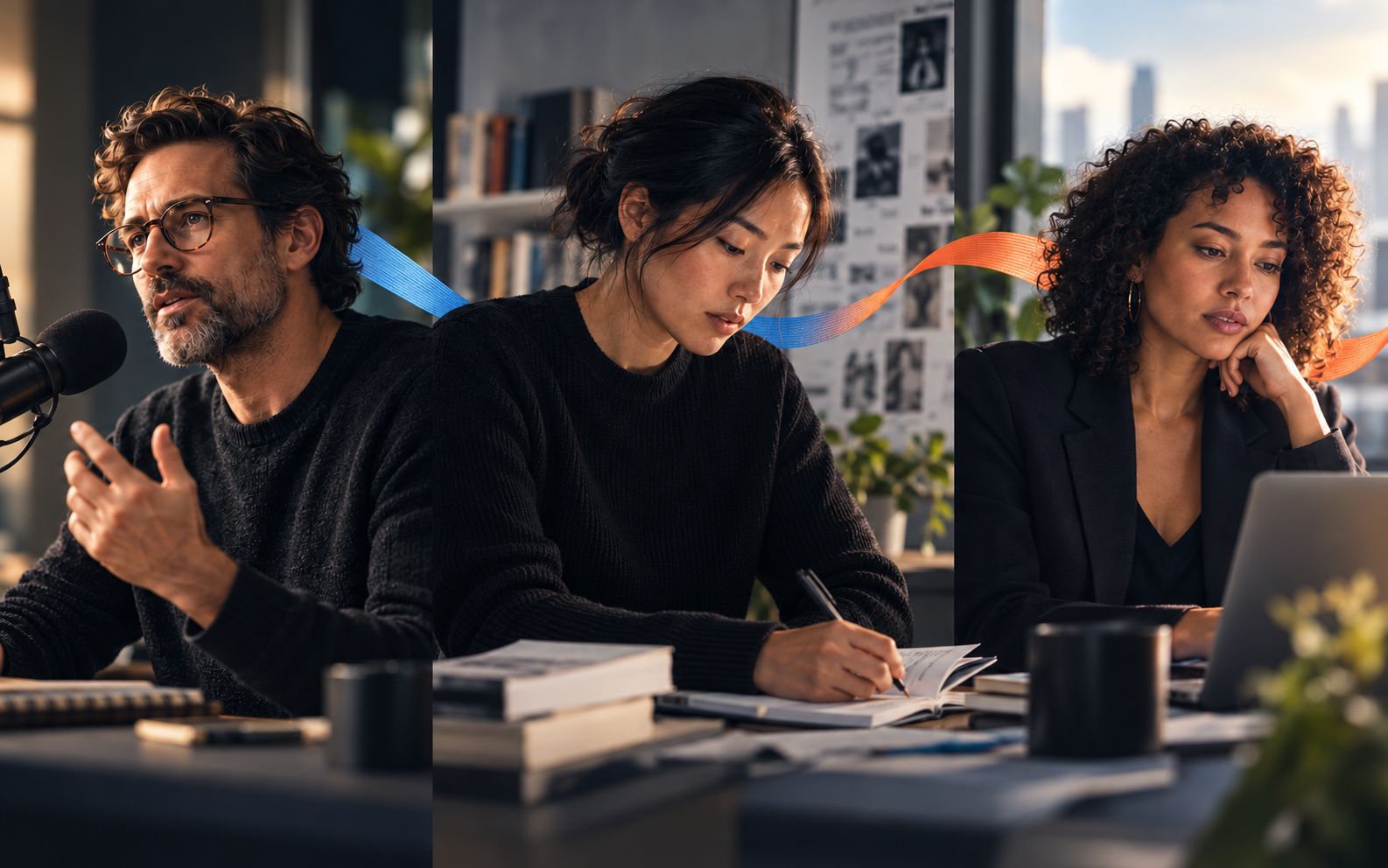 Three professionals thinking aloud: one speaking into a microphone, one writing notes, one reading at a laptop, linked by a thin blue and orange ribbon.