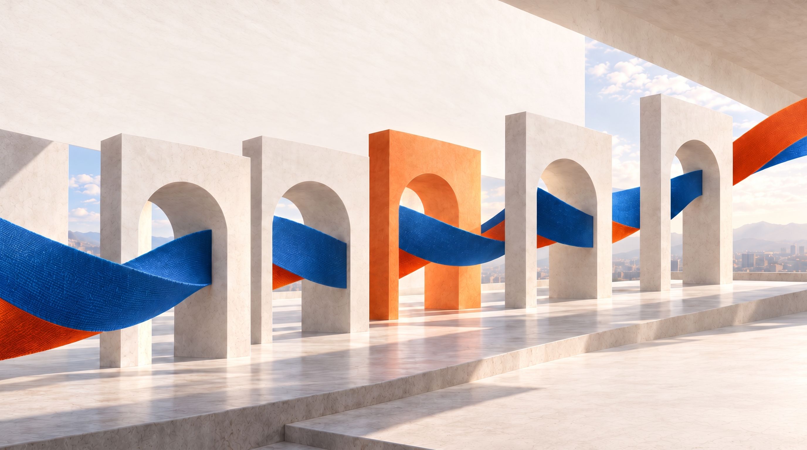 Five stone arches on a sunlit terrace, the middle one orange, with the blue and orange woven fabric threading through each in turn.