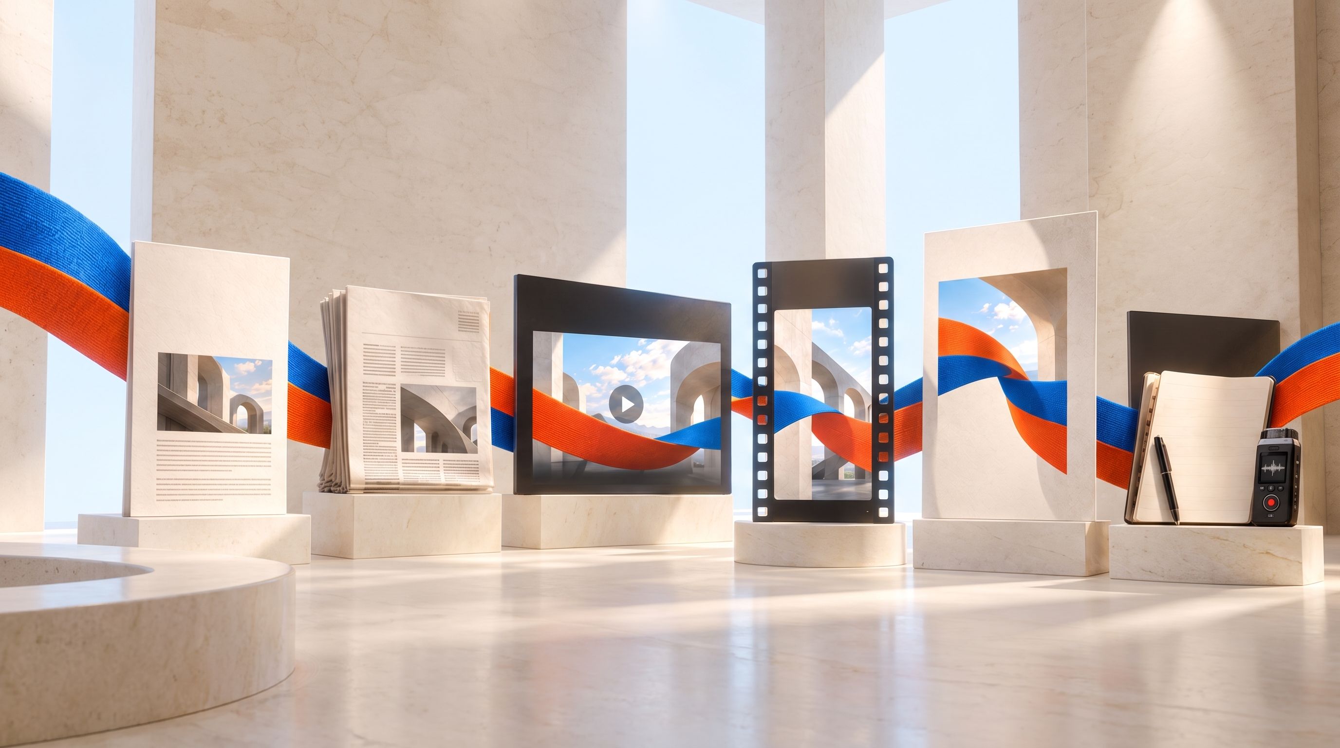 In a bright limestone room, the woven fabric passes behind a blog page, a press sheet, a video frame, a reel, a social post and a notebook with a recorder, each on its own plinth.