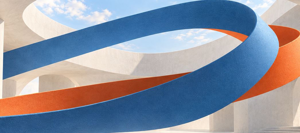 Blue and orange woven fabric looping through an open stone rotunda.